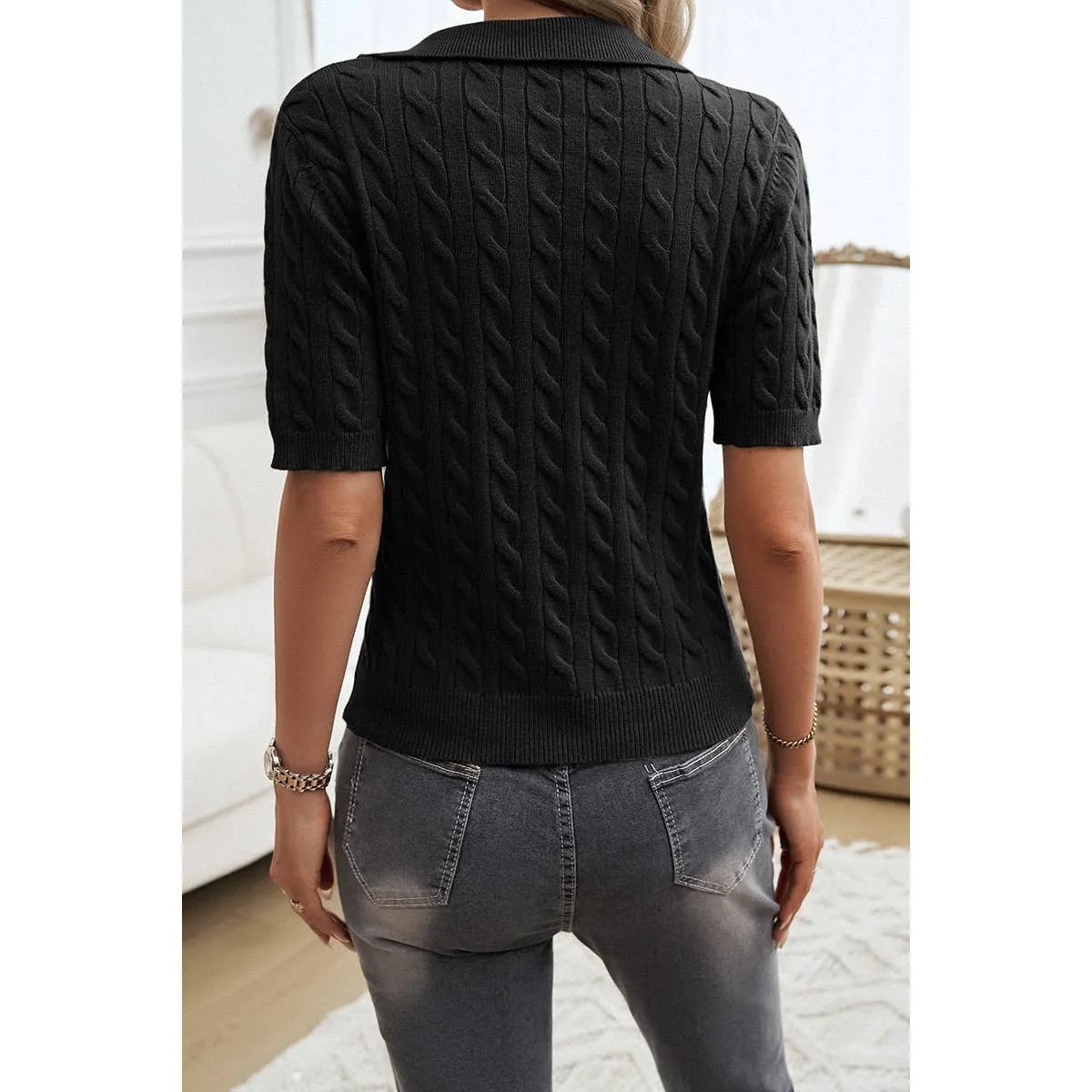 Cable Knit V Neck Short Sleeve Polo Collar Sweater
