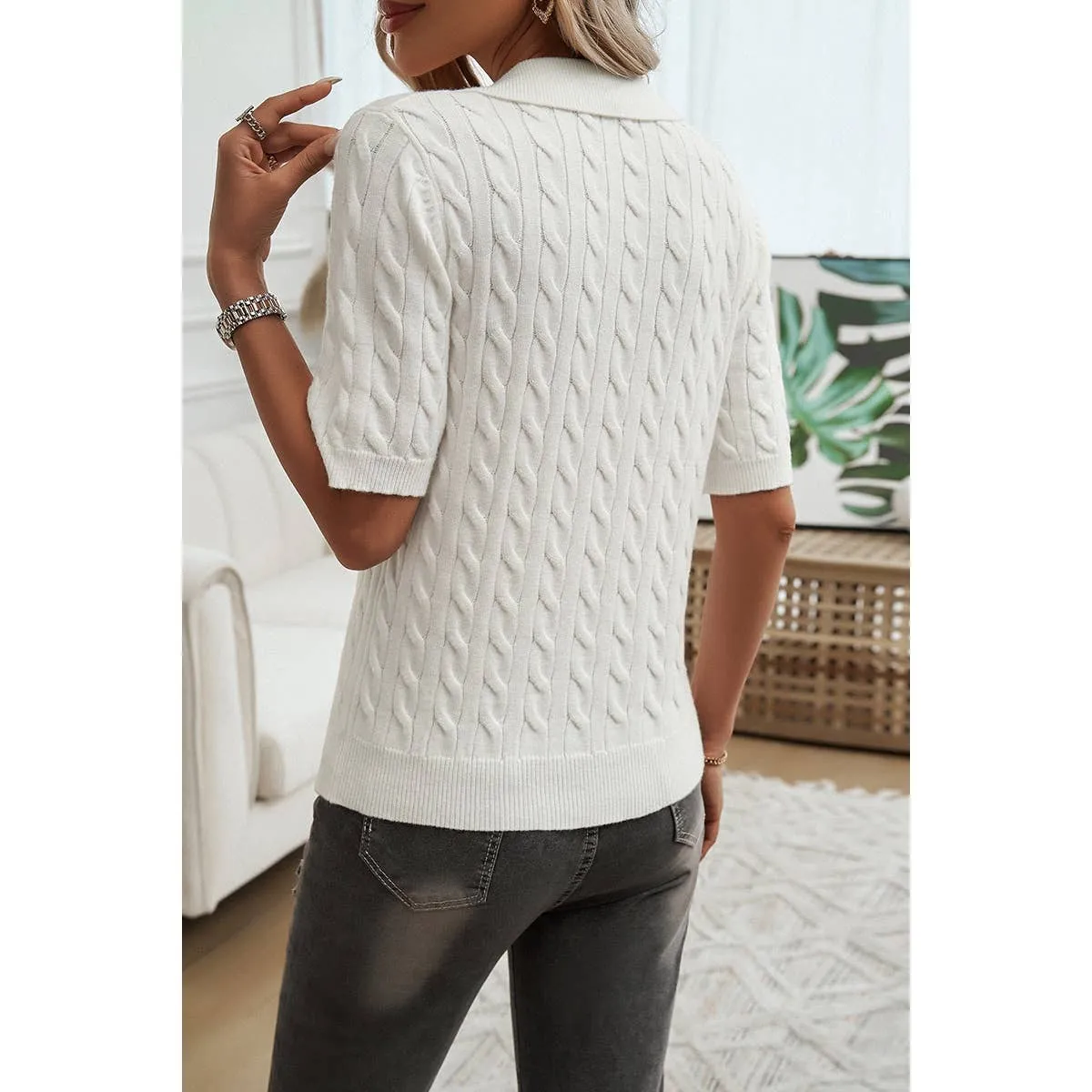 Cable Knit V Neck Short Sleeve Polo Collar Sweater