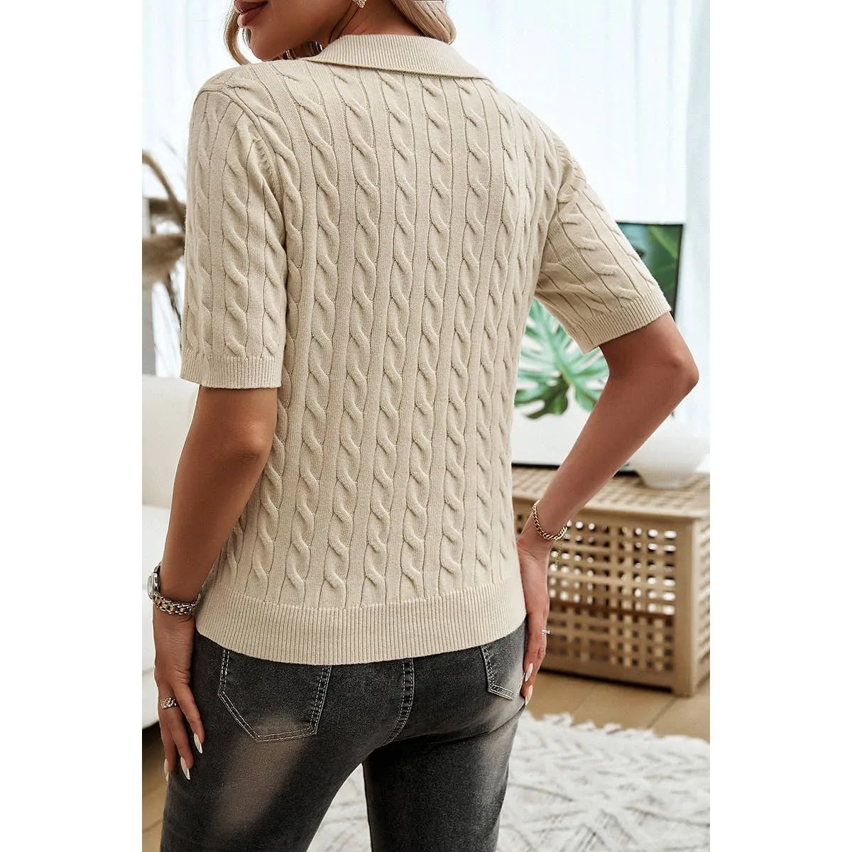 Cable Knit V Neck Short Sleeve Polo Collar Sweater