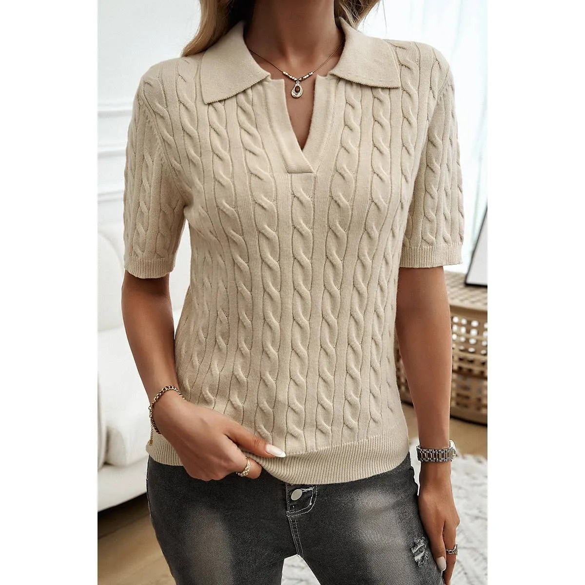 Cable Knit V Neck Short Sleeve Polo Collar Sweater