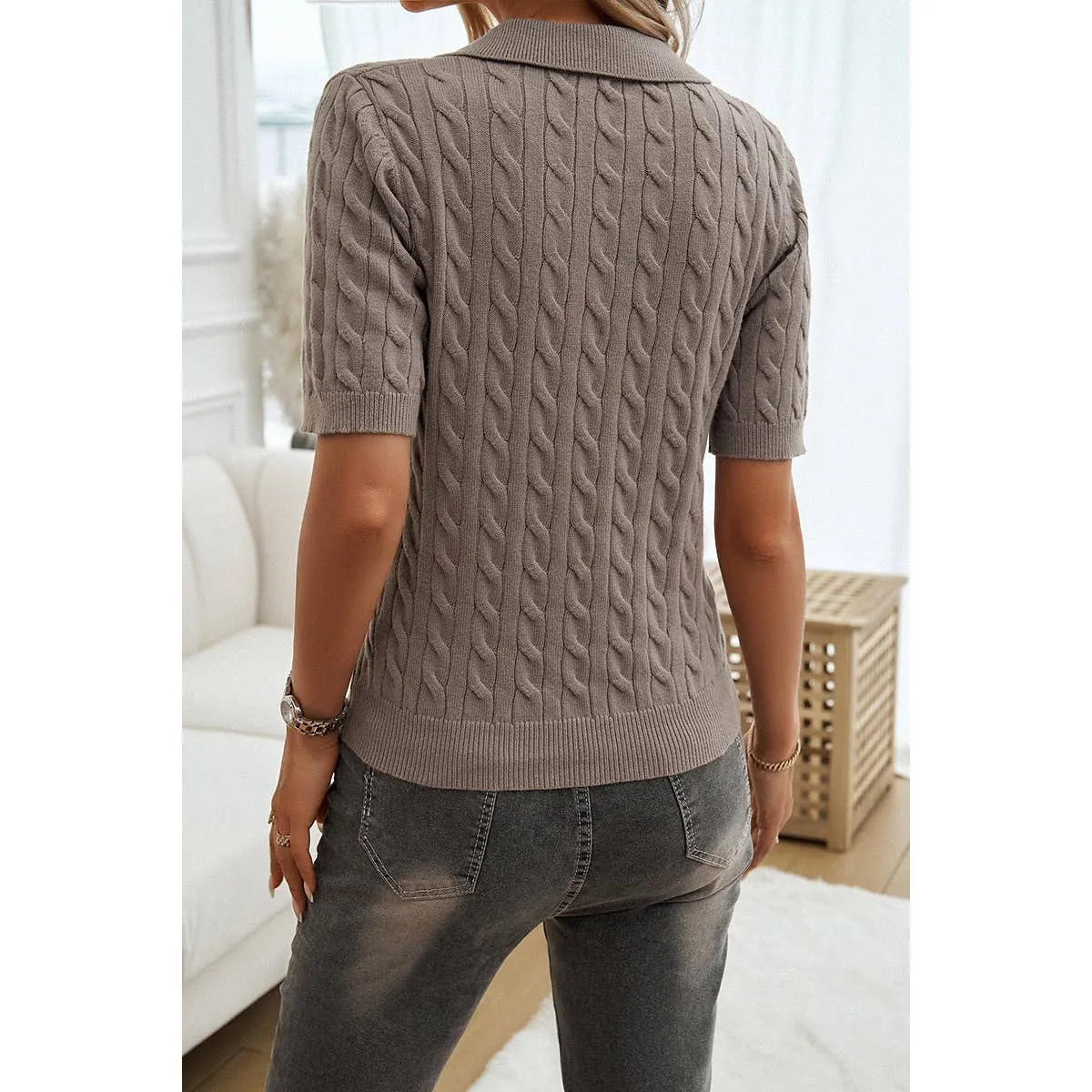 Cable Knit V Neck Short Sleeve Polo Collar Sweater