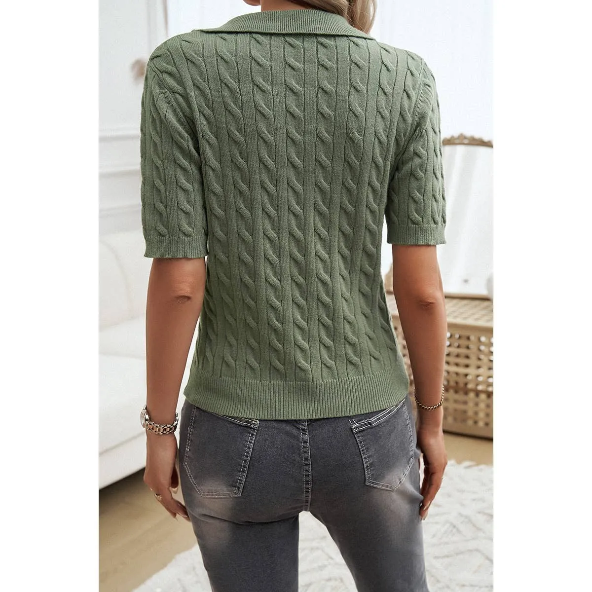 Cable Knit V Neck Short Sleeve Polo Collar Sweater
