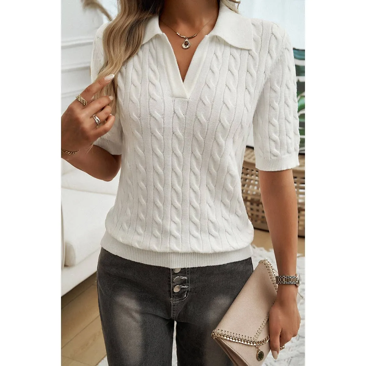 Cable Knit V Neck Short Sleeve Polo Collar Sweater