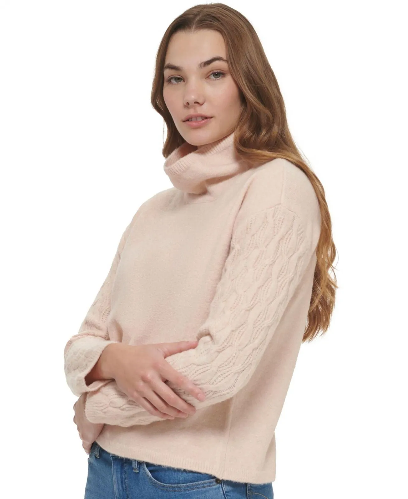 Calvin Klein Womens Cable Knit Sleeve Sweater M2XSJ728 Blush Pink L