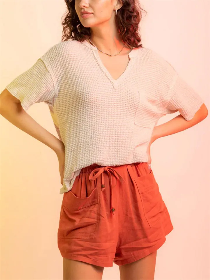 Candy Color V Neck Plaid Texture Casual T-shirts for Women