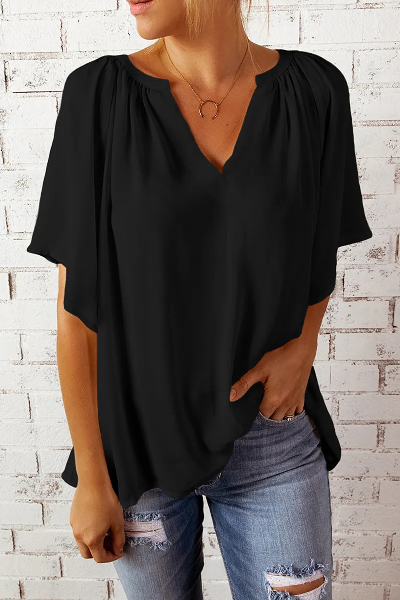 Casual Solid Split Joint V Neck T-Shirts(6 colors）