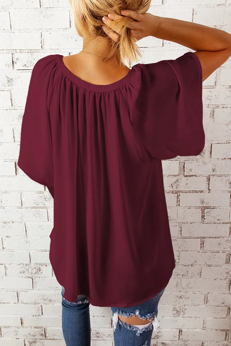 Casual Solid Split Joint V Neck T-Shirts(6 colors）