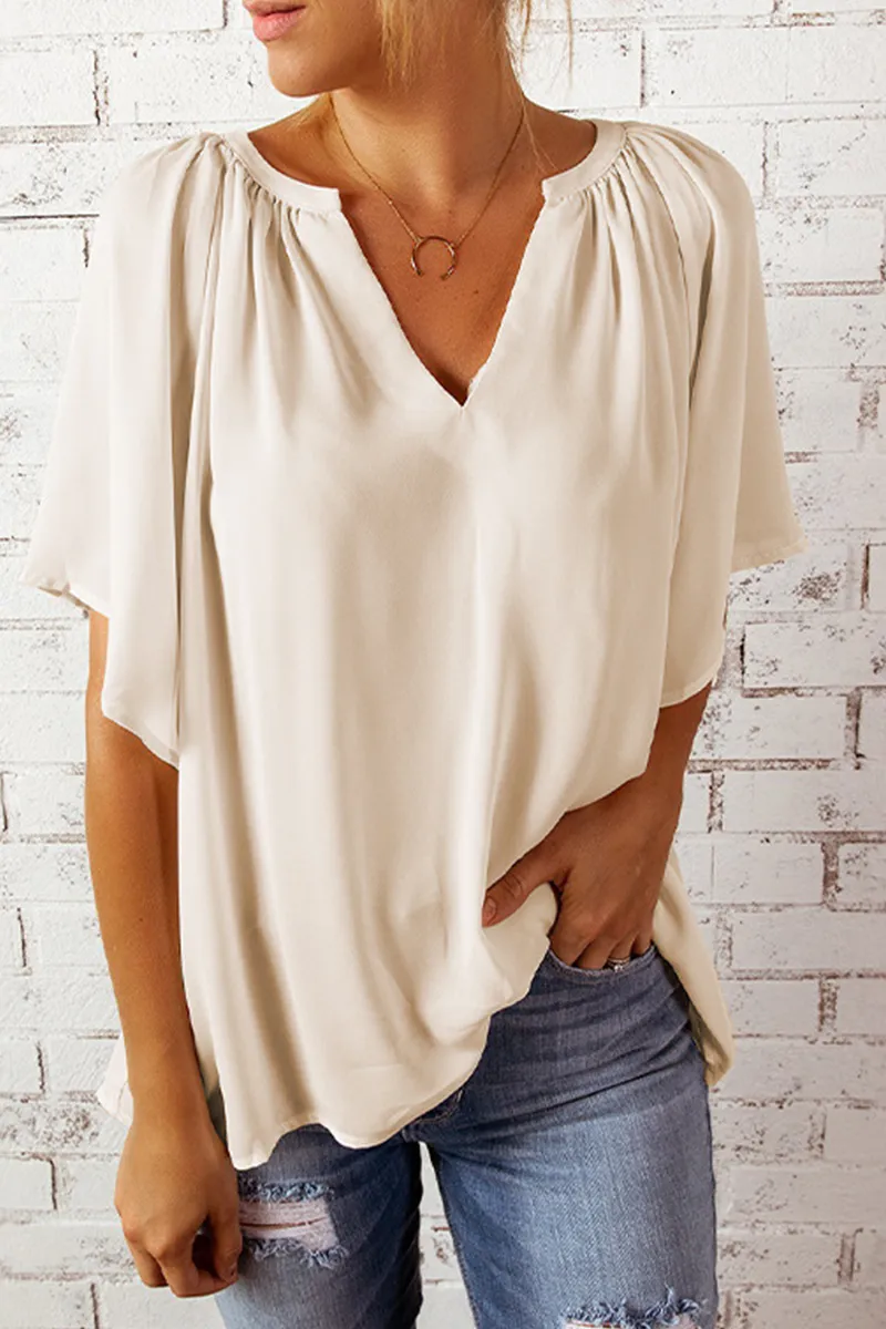Casual Solid Split Joint V Neck T-Shirts(6 colors）