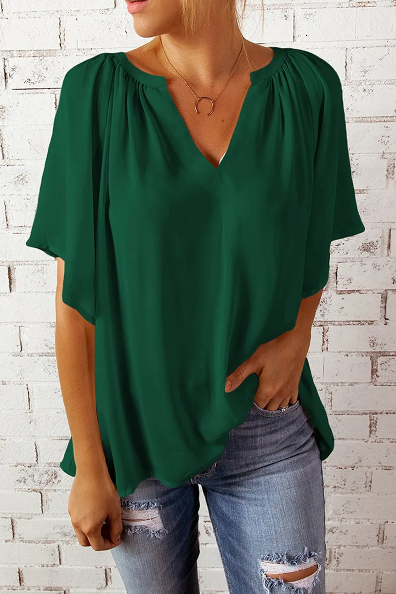 Casual Solid Split Joint V Neck T-Shirts(6 colors）