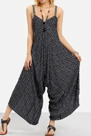 Casual Striped Patchwork Spaghetti Strap Loose Jumpsuits