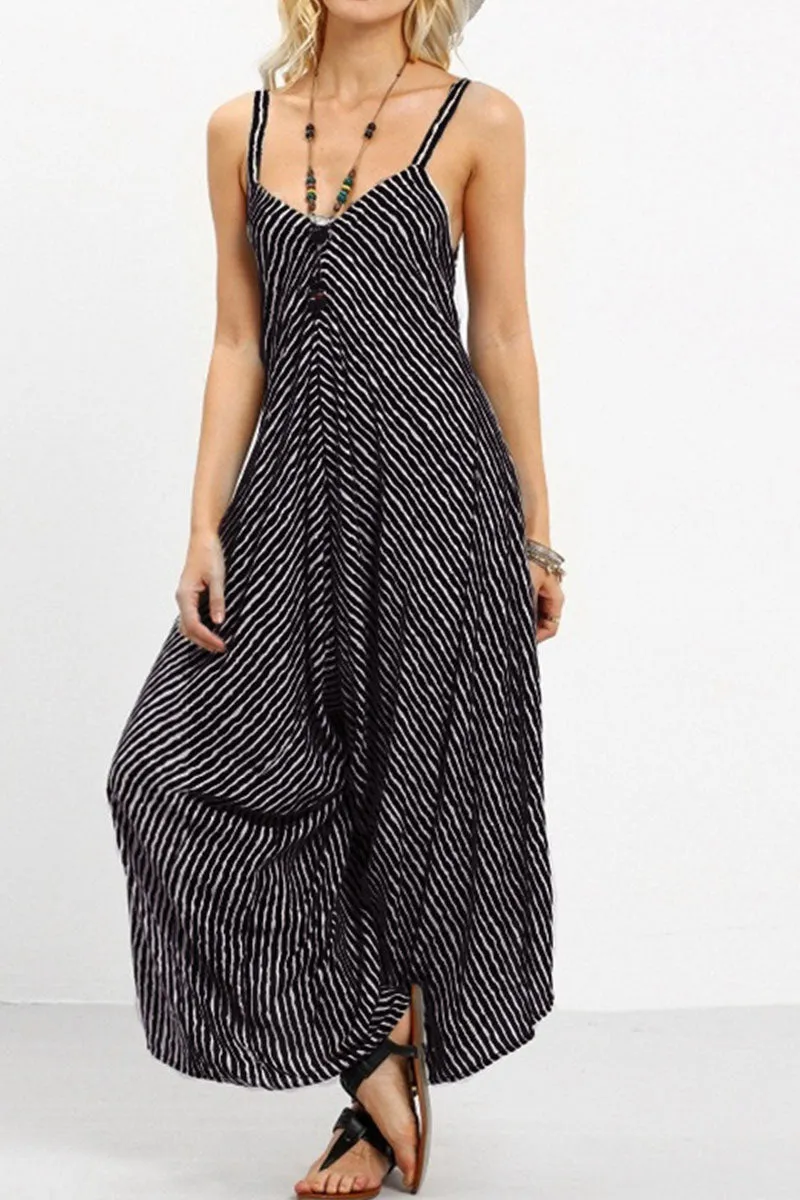 Casual Striped Patchwork Spaghetti Strap Loose Jumpsuits