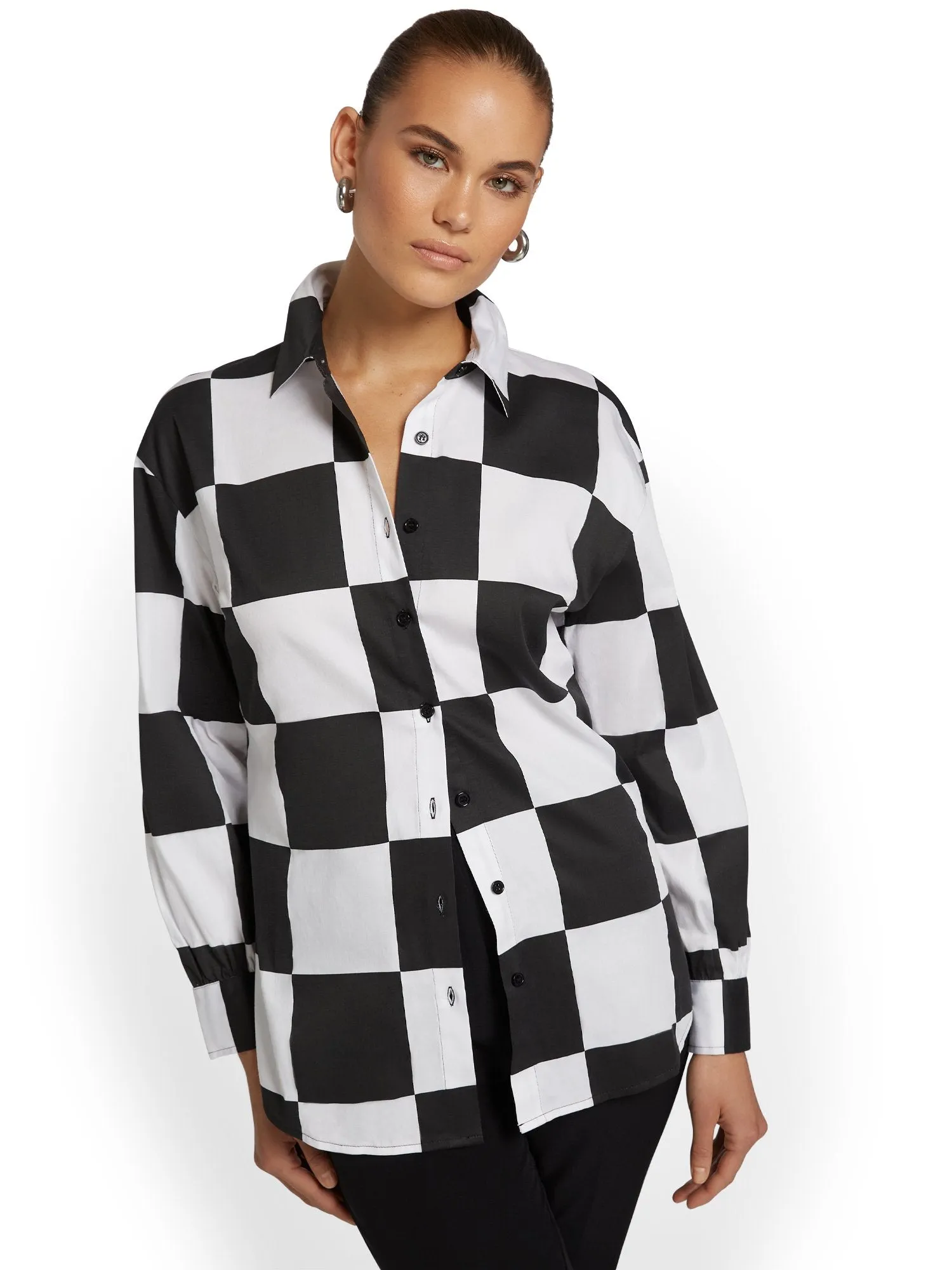 Checker-Print Open-Back Poplin Top