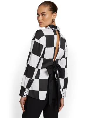 Checker-Print Open-Back Poplin Top