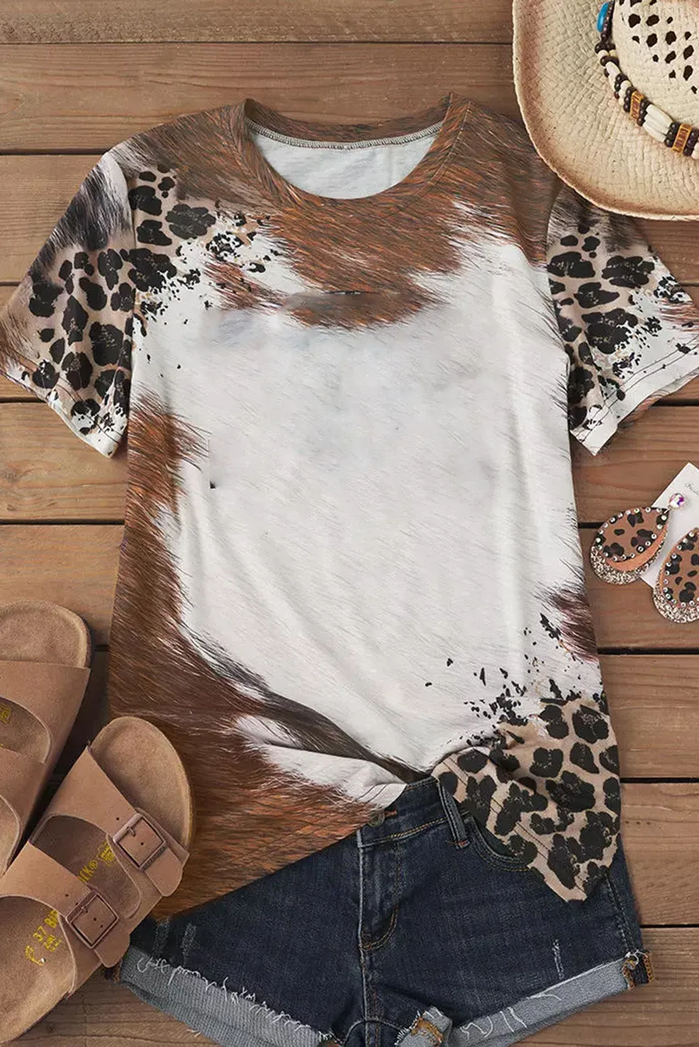 Chestnut Western Leopard Bleached Print Crewneck T Shirt