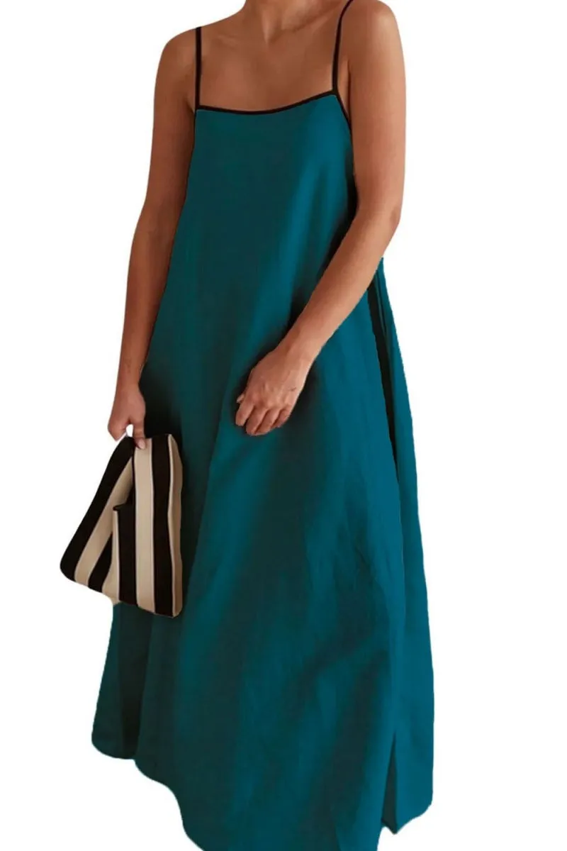 Chouyatou Women Summer Spaghetti Straps Linen Sleeveless Maxi Long Flowy Dress