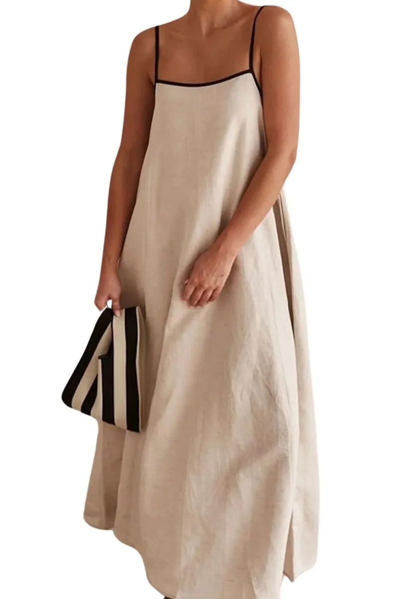 Chouyatou Women Summer Spaghetti Straps Linen Sleeveless Maxi Long Flowy Dress