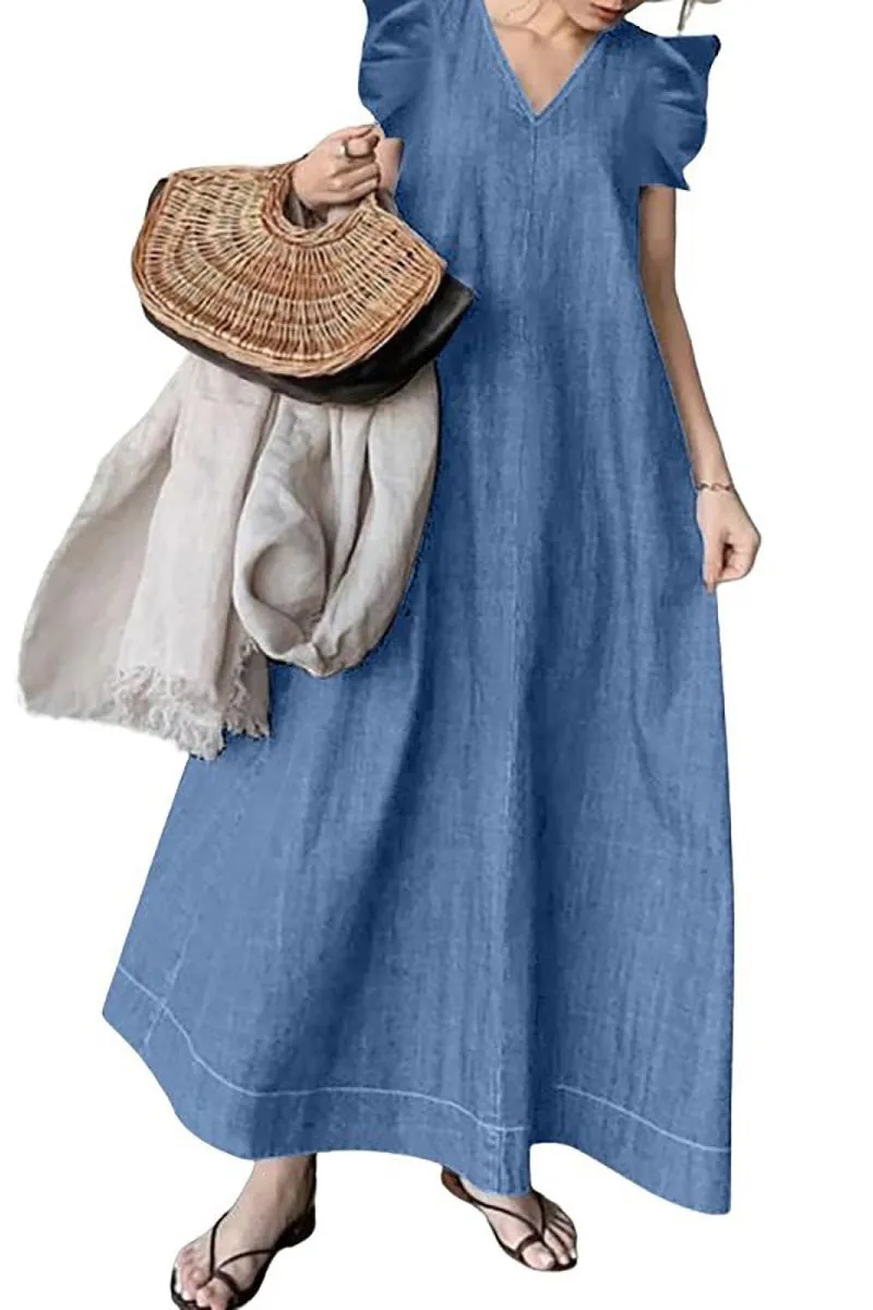 Chouyatou Womens Long Denim Dress Casual Loose Fit Ruffle Sleeveless V-Neck Jean Maxi Dresses for Women 2025