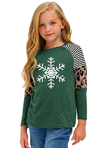 Christmas Long Sleeve Shirt (Girls, Xmas Snowflakes, Green, Raglan Tunic Top, 8 Years)
