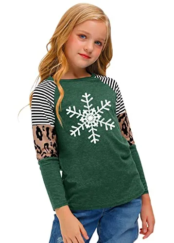 Christmas Long Sleeve Shirt (Girls, Xmas Snowflakes, Green, Raglan Tunic Top, 8 Years)