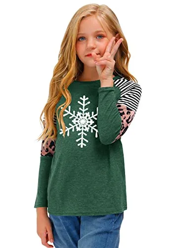 Christmas Long Sleeve Shirt (Girls, Xmas Snowflakes, Green, Raglan Tunic Top, 8 Years)