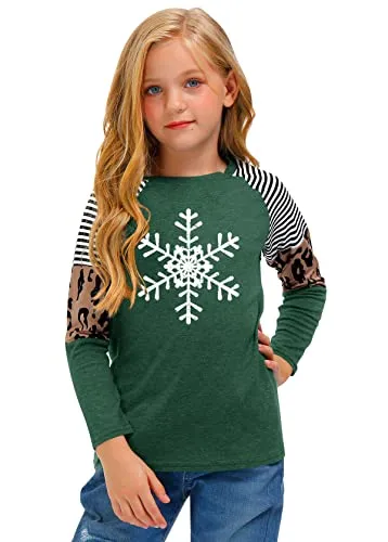 Christmas Long Sleeve Shirt (Girls, Xmas Snowflakes, Green, Raglan Tunic Top, 8 Years)