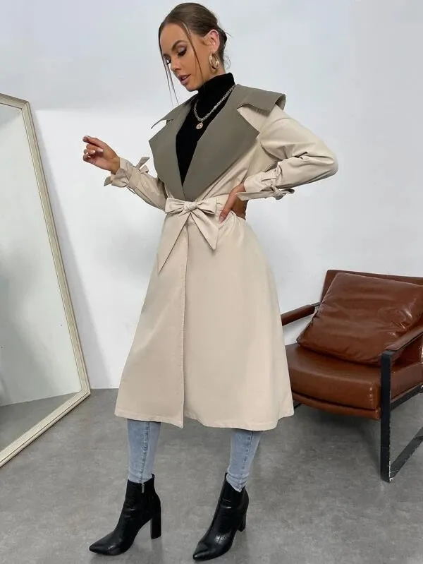 CM-CS556756 Women Casual Seoul Style Contrast Collar Knot Cuff Belted Trench Coat