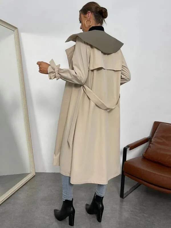 CM-CS556756 Women Casual Seoul Style Contrast Collar Knot Cuff Belted Trench Coat