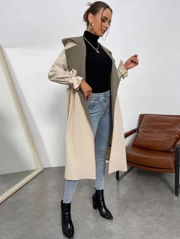 CM-CS556756 Women Casual Seoul Style Contrast Collar Knot Cuff Belted Trench Coat