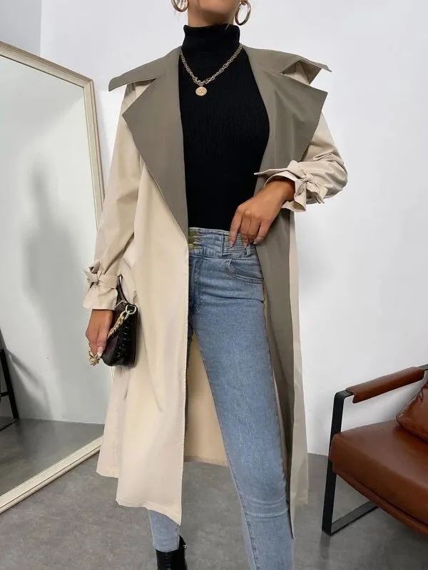 CM-CS556756 Women Casual Seoul Style Contrast Collar Knot Cuff Belted Trench Coat