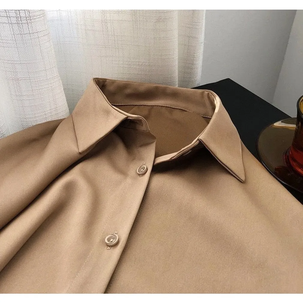 ContiNent 33 Women Satin Shirts Long Sleeve Solid Turn Down Collar Elegant Office Ladies Workwear Blouses Female