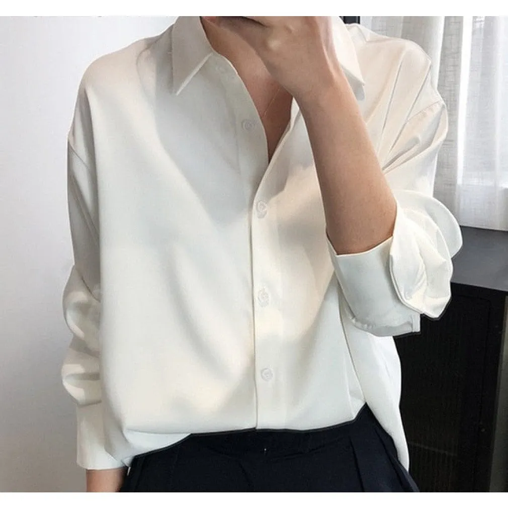 ContiNent 33 Women Satin Shirts Long Sleeve Solid Turn Down Collar Elegant Office Ladies Workwear Blouses Female