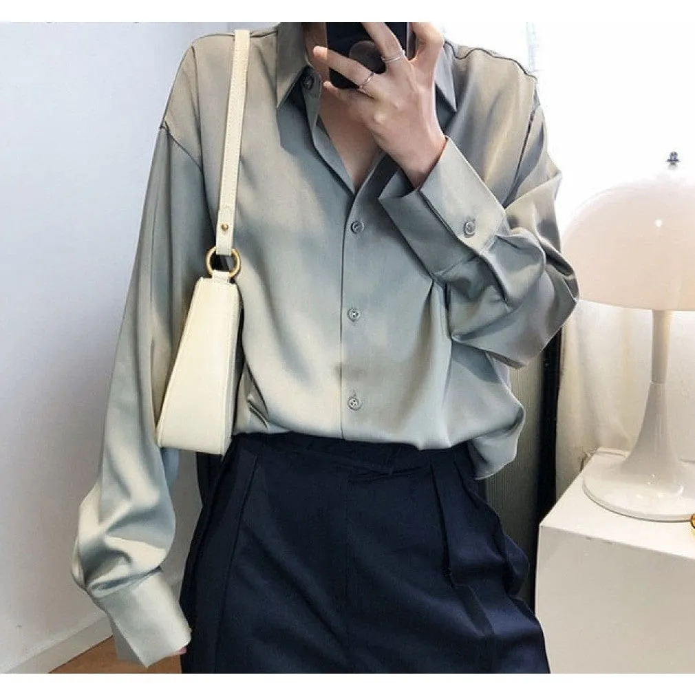 ContiNent 33 Women Satin Shirts Long Sleeve Solid Turn Down Collar Elegant Office Ladies Workwear Blouses Female