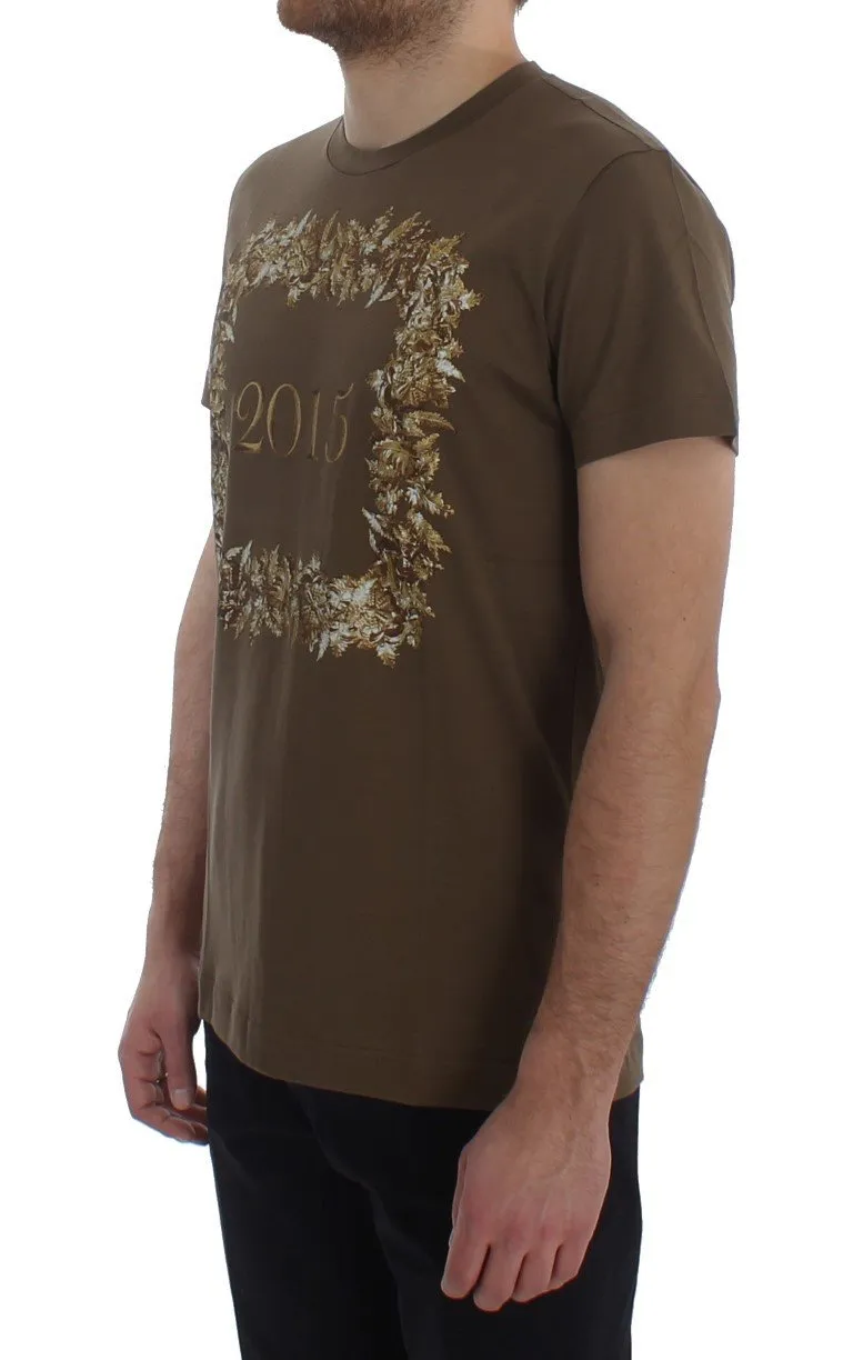 Crewneck 2015 Motive Print Green Cotton T-shirt