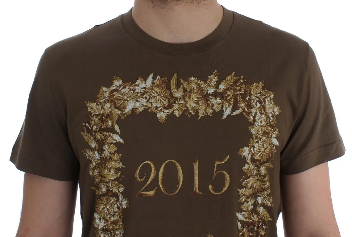 Crewneck 2015 Motive Print Green Cotton T-shirt