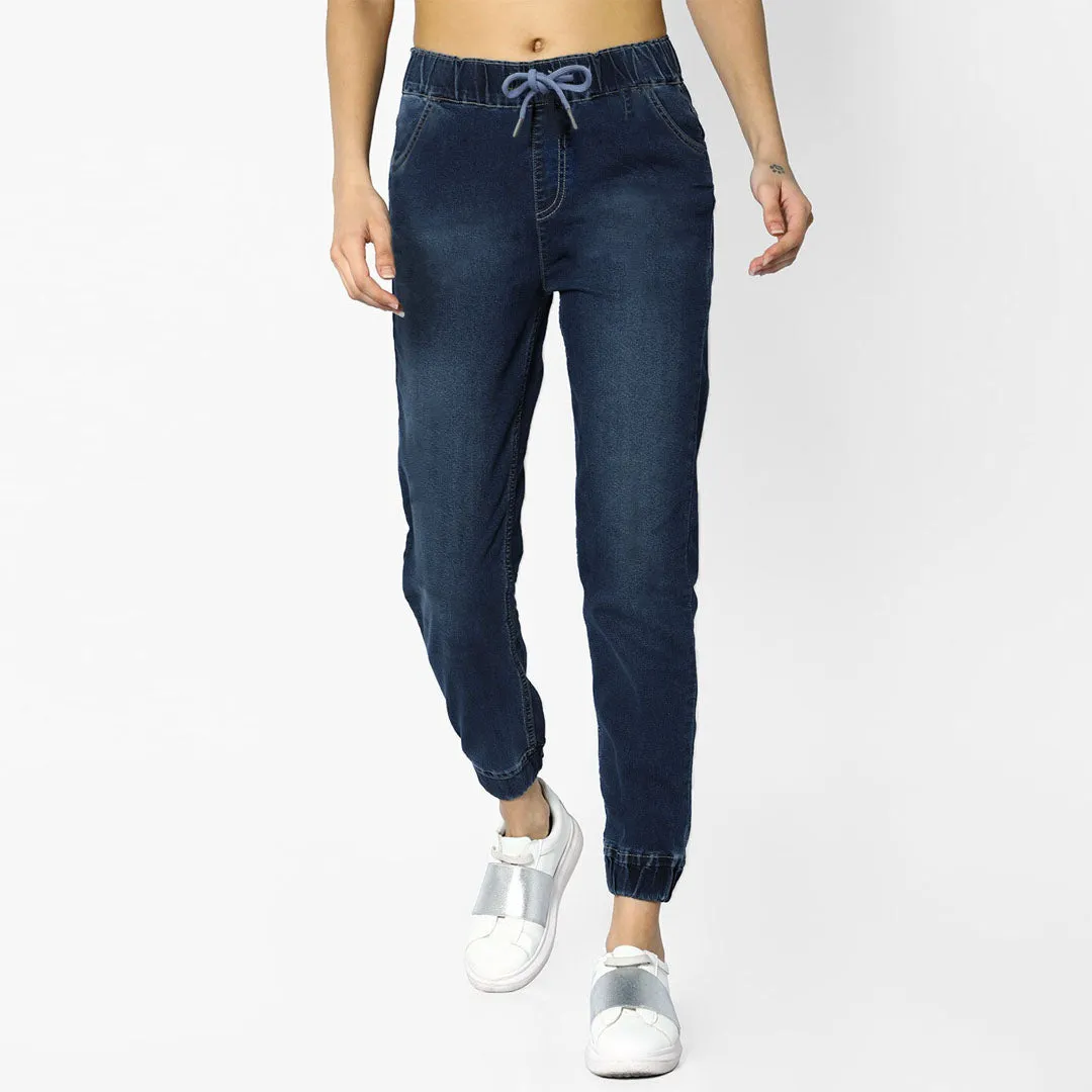 crop denim slim fit dark blue jogger pant for women