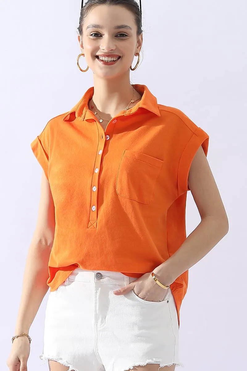 CWTTS698_JOHNNY COLLARS BUTTON CLOSER SHORT SLEEVE TOP: Orange / (L) 1