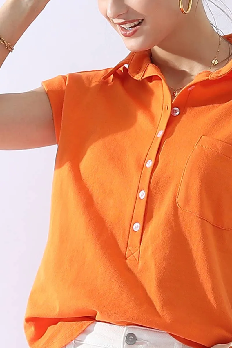 CWTTS698_JOHNNY COLLARS BUTTON CLOSER SHORT SLEEVE TOP: Orange / (L) 1