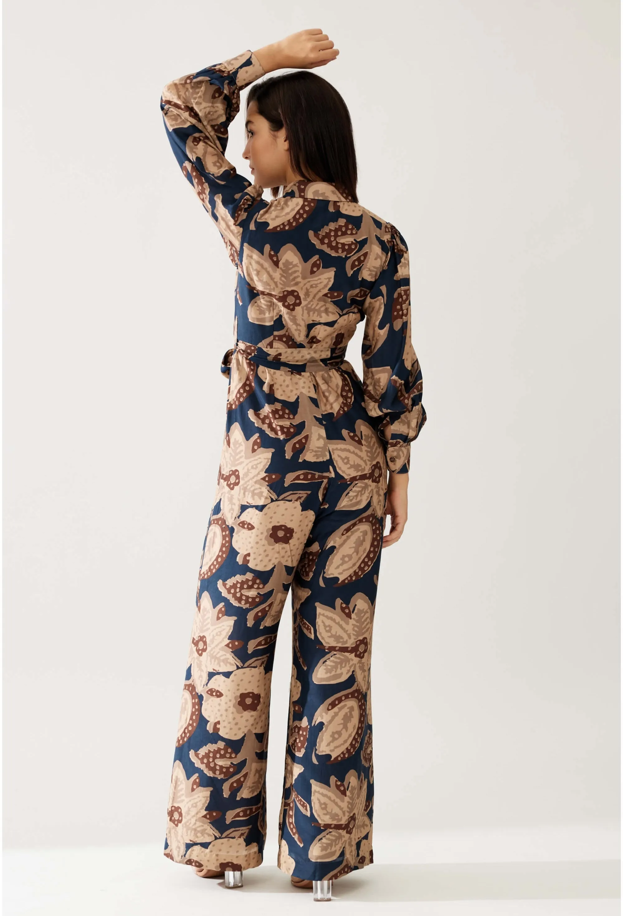 Dark blue and beige floral jumpsuit