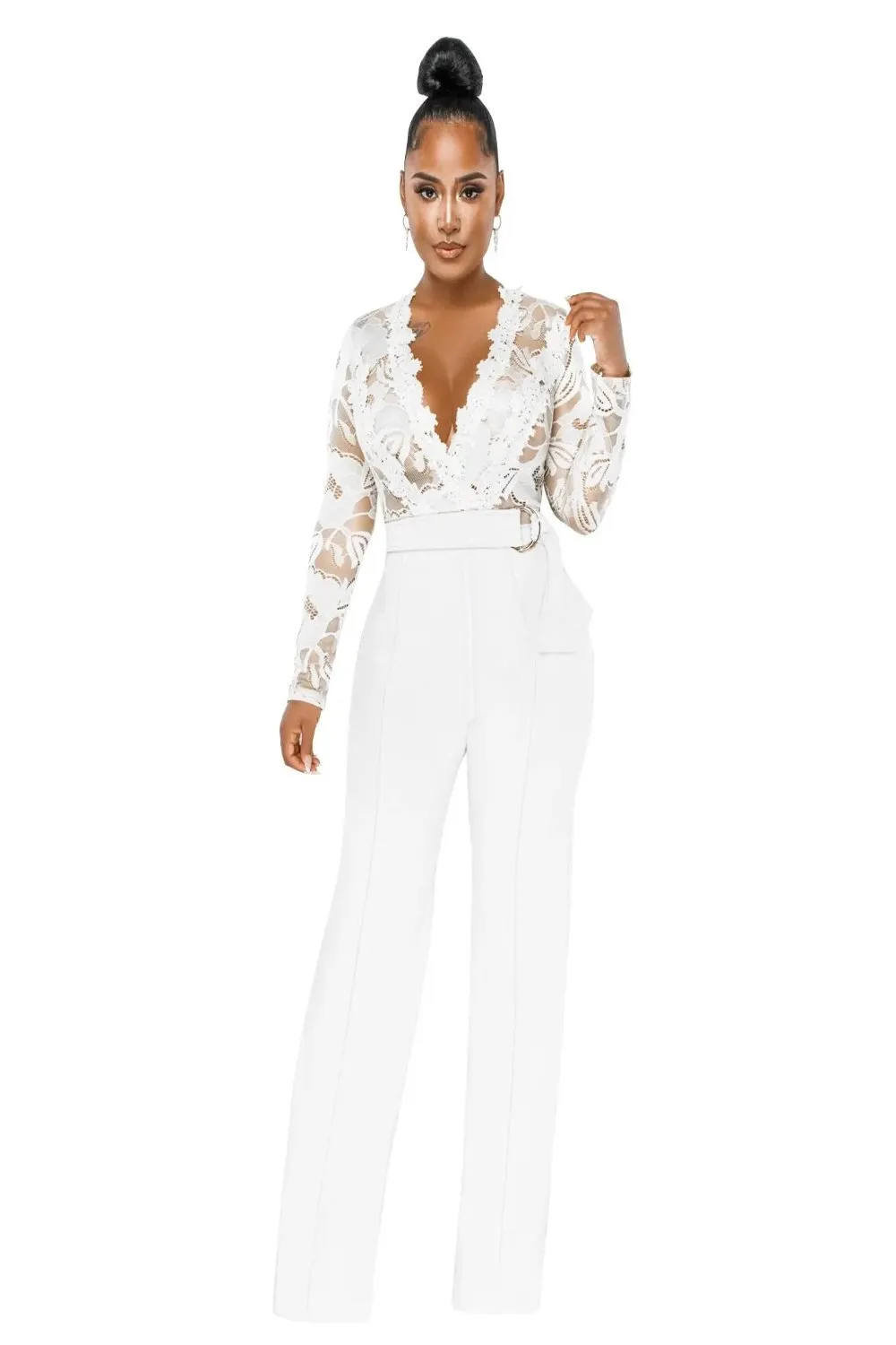 Deep V-Neck Lace Flower Slim Fit Jumpsuit