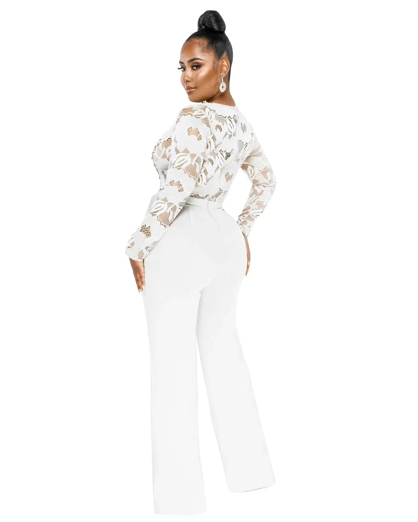 Deep V-Neck Lace Flower Slim Fit Jumpsuit
