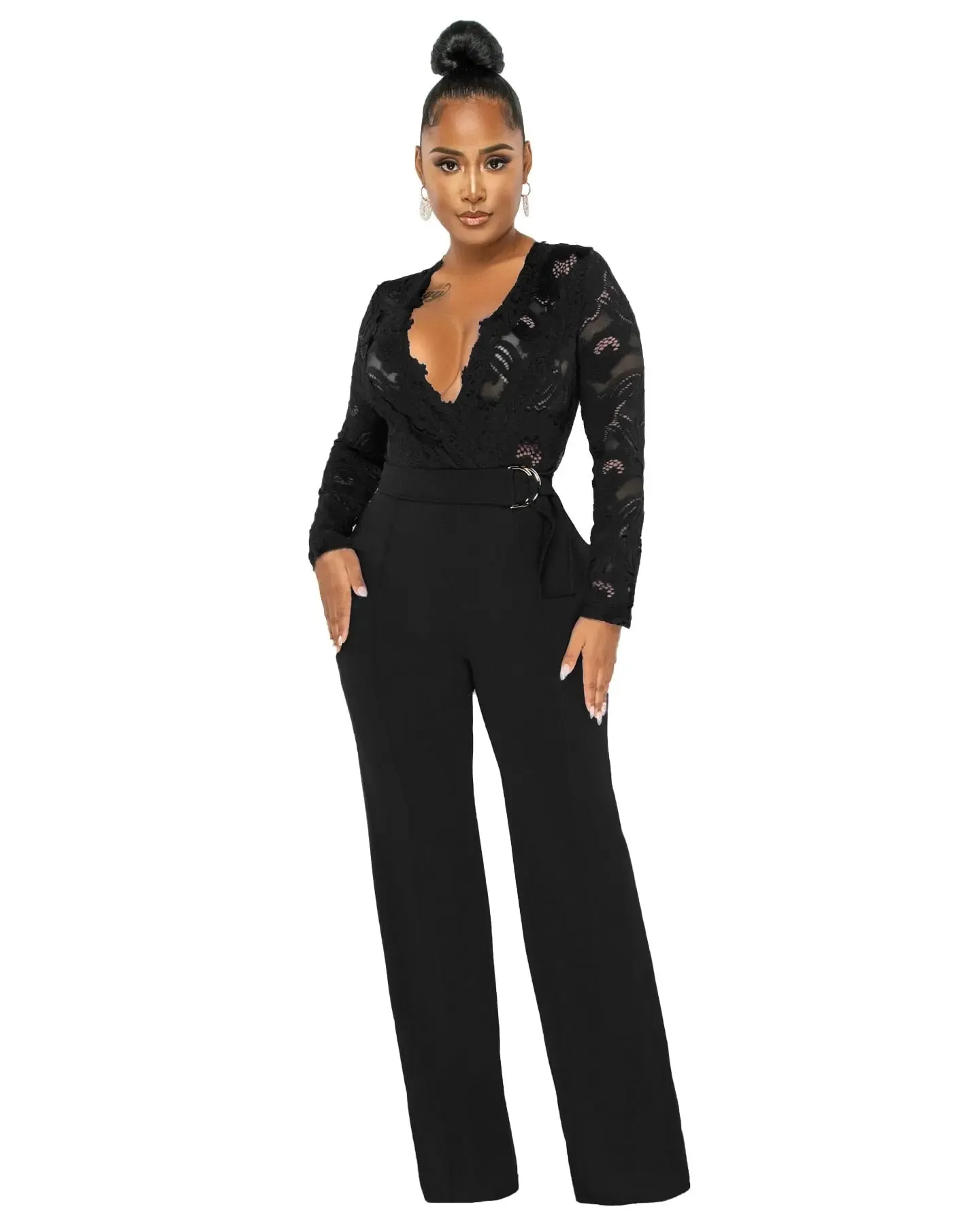 Deep V-Neck Lace Flower Slim Fit Jumpsuit