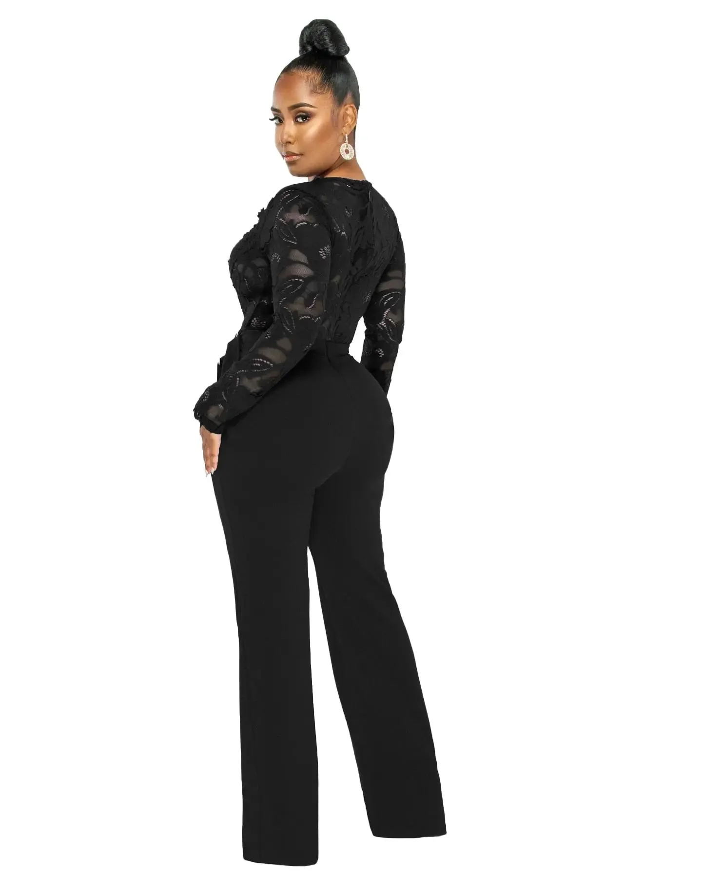 Deep V-Neck Lace Flower Slim Fit Jumpsuit