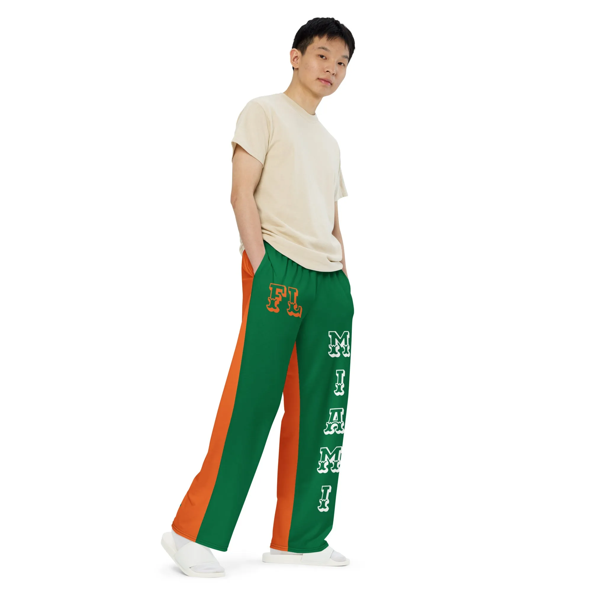 DJD FL- "It's A Miami Thang" Unisex 2 Tone Wide-Leg Pants Green/White/Orange