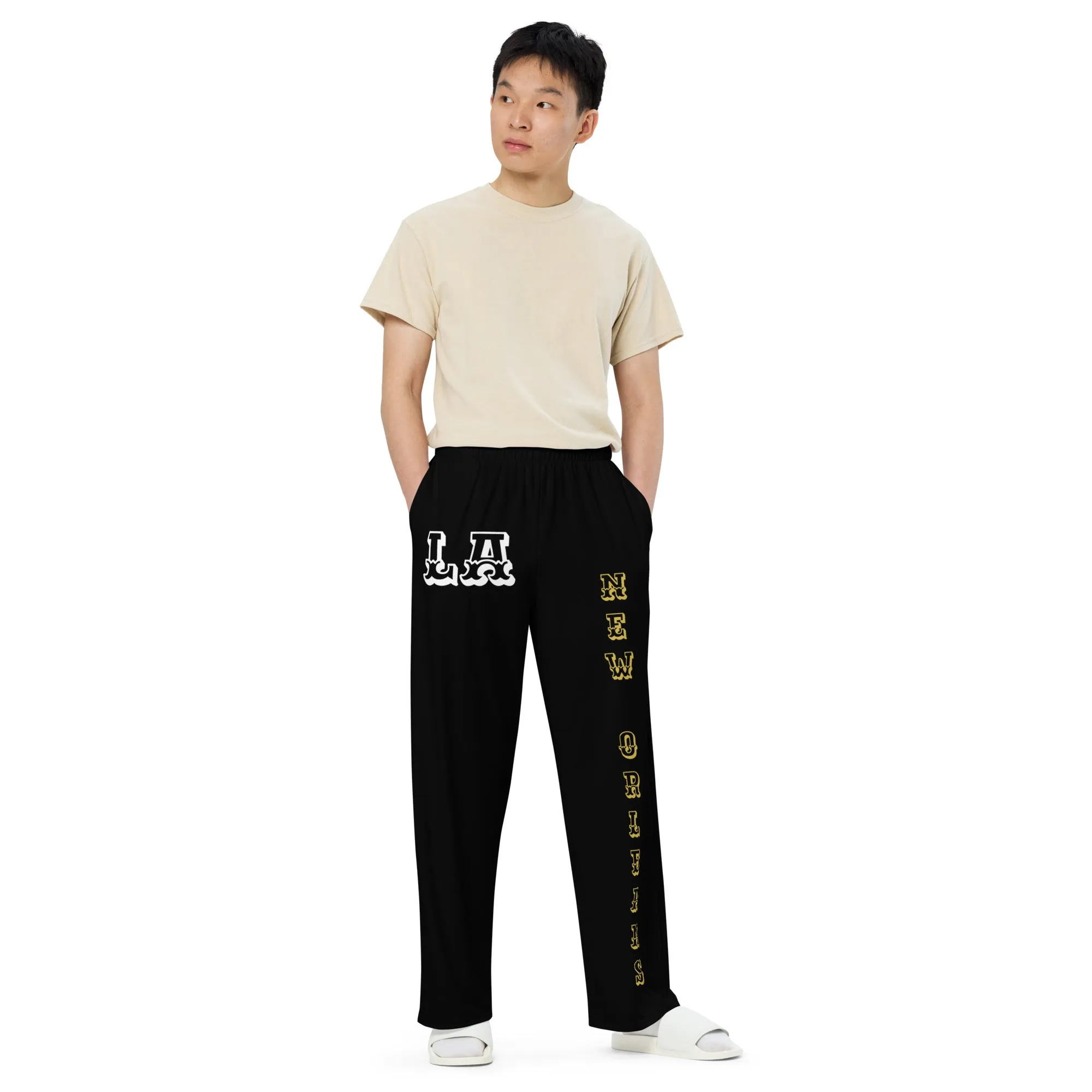 DJD LA- "It's A New Orleans Thang" Unisex Wide-Leg Pants Black/Gold/White