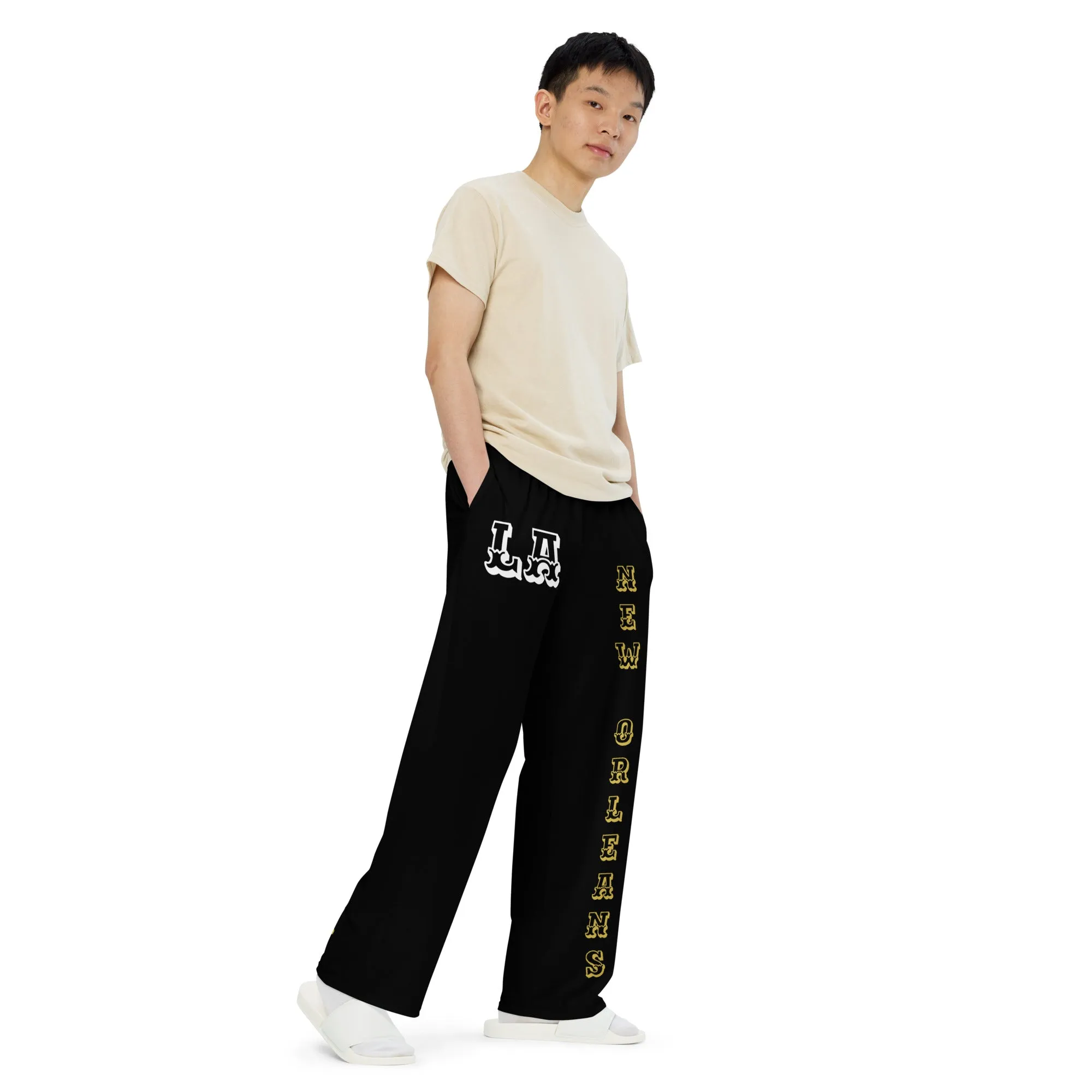 DJD LA- "It's A New Orleans Thang" Unisex Wide-Leg Pants Black/Gold/White