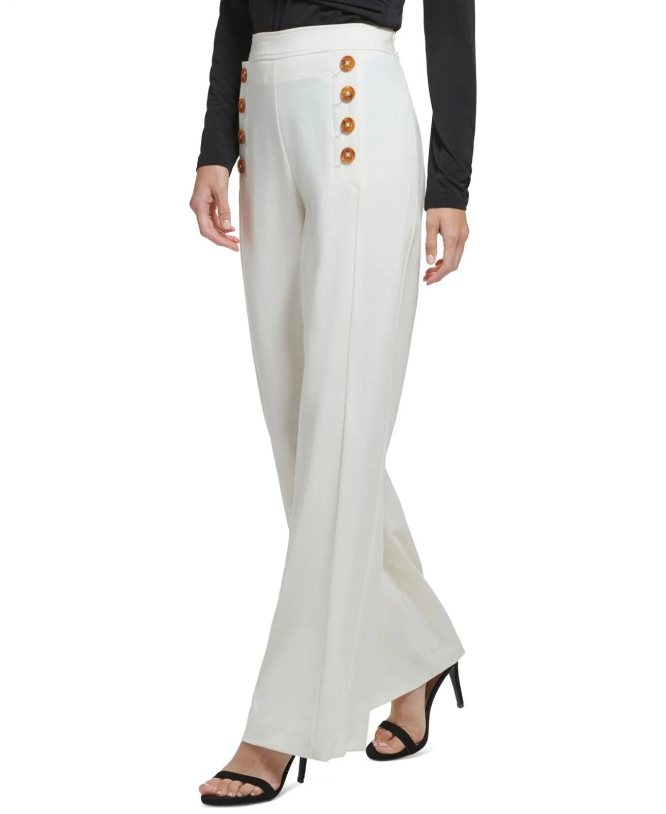 DKNY Women's Button-Trim Wide-Leg Sailor Pants UI2P7644 Egg Nog Ivory 12