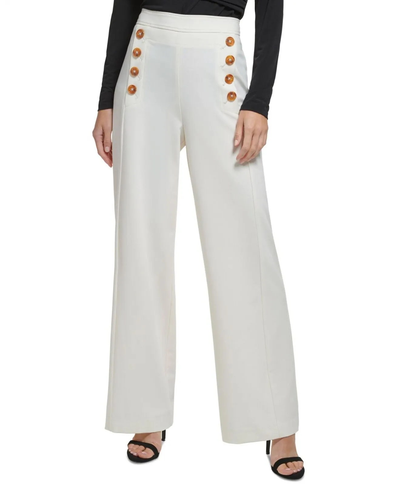 DKNY Women's Button-Trim Wide-Leg Sailor Pants UI2P7644 Egg Nog Ivory 12