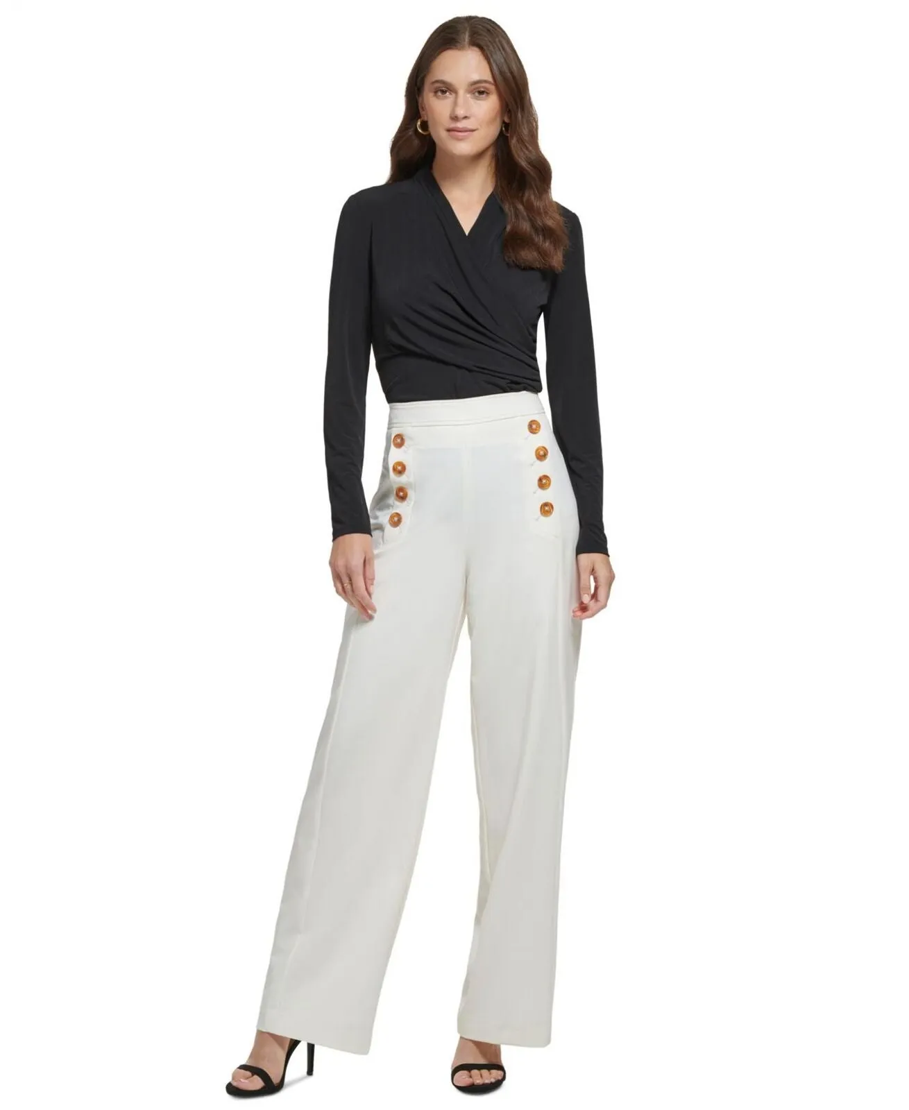 DKNY Women's Button-Trim Wide-Leg Sailor Pants UI2P7644 Egg Nog Ivory 12