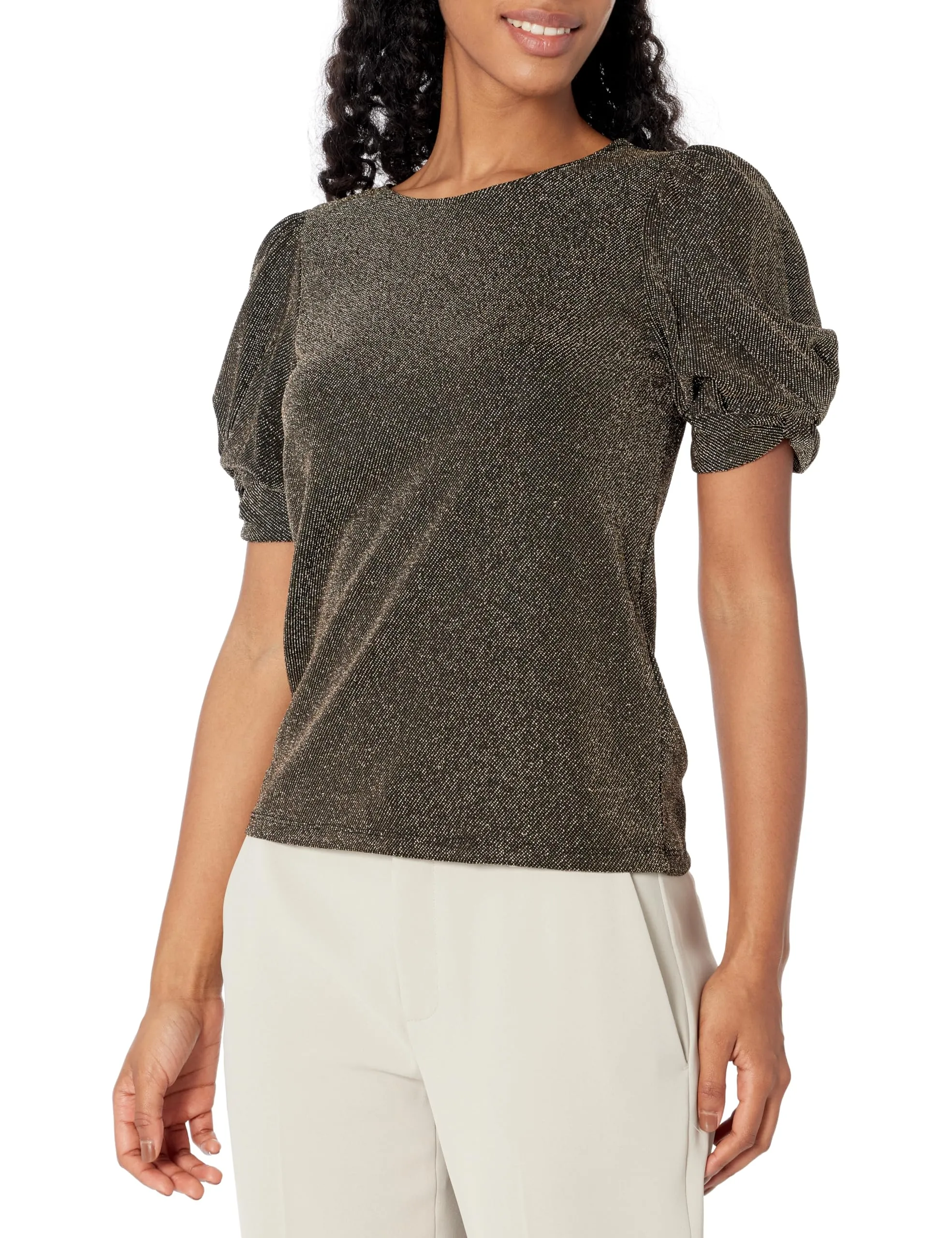 DKNY Women's Everyday Essential Puff Sleeve Top, Gold/BLK