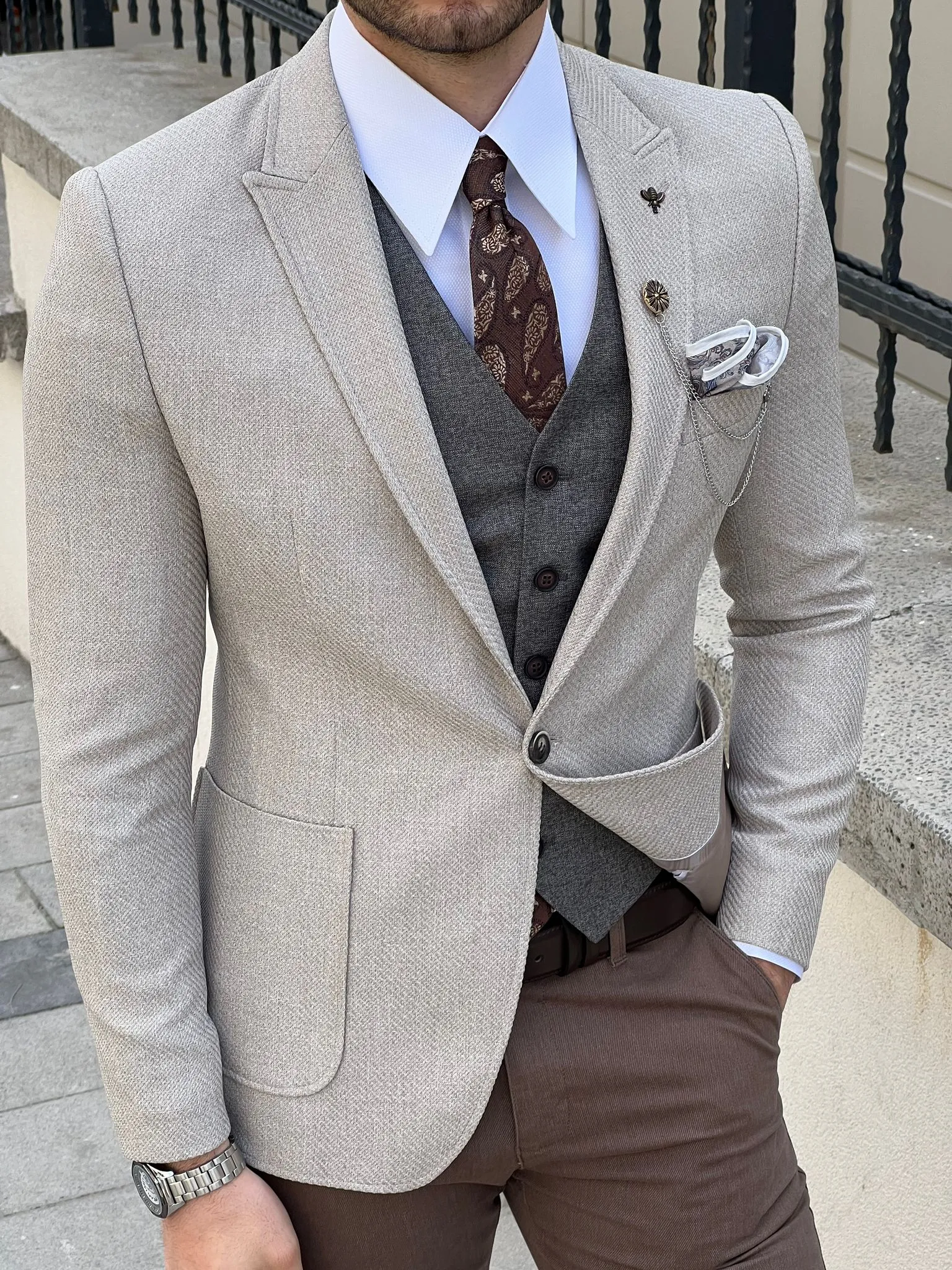 Edmond Beige Slim Fit Peak Lapel Combination Wool Suit